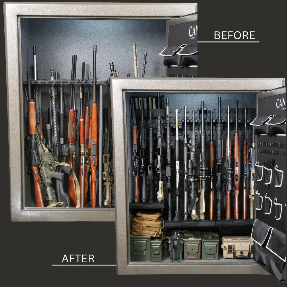 upgraded gun safe in front of a traditional messy safe